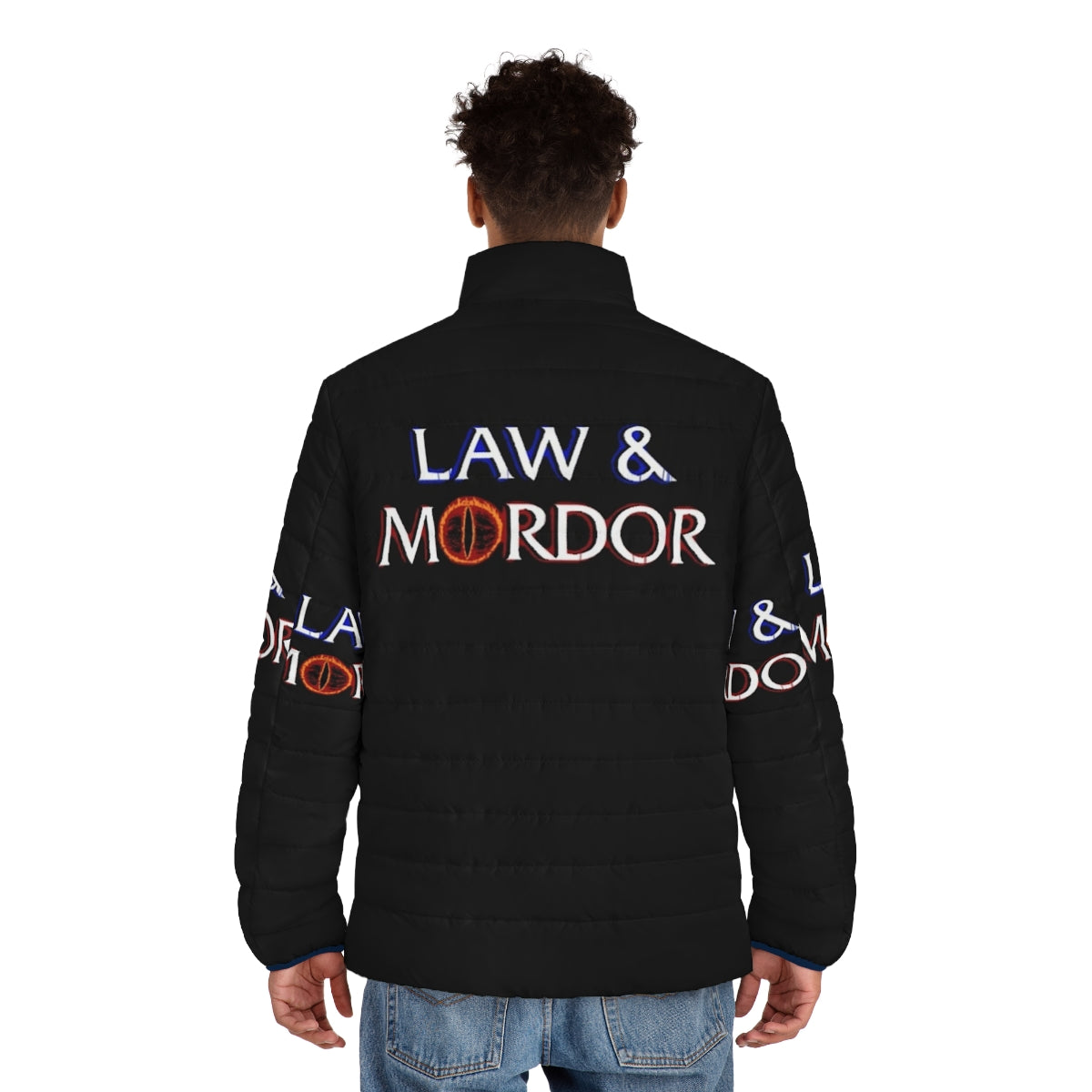 Model wearing a black puffer jacket with "Law and Mordor" design, inspired by the Lord of the Rings fantasy series - men back