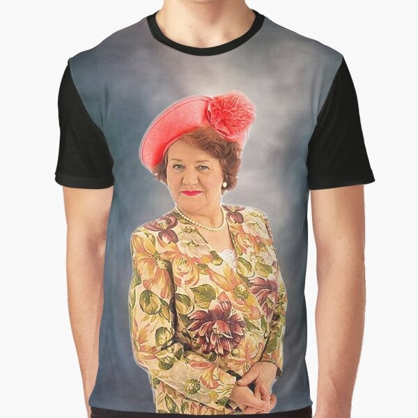 A graphic t-shirt featuring the iconic character Hyacinth Bucket from the British sitcom "Keeping Up Appearances".