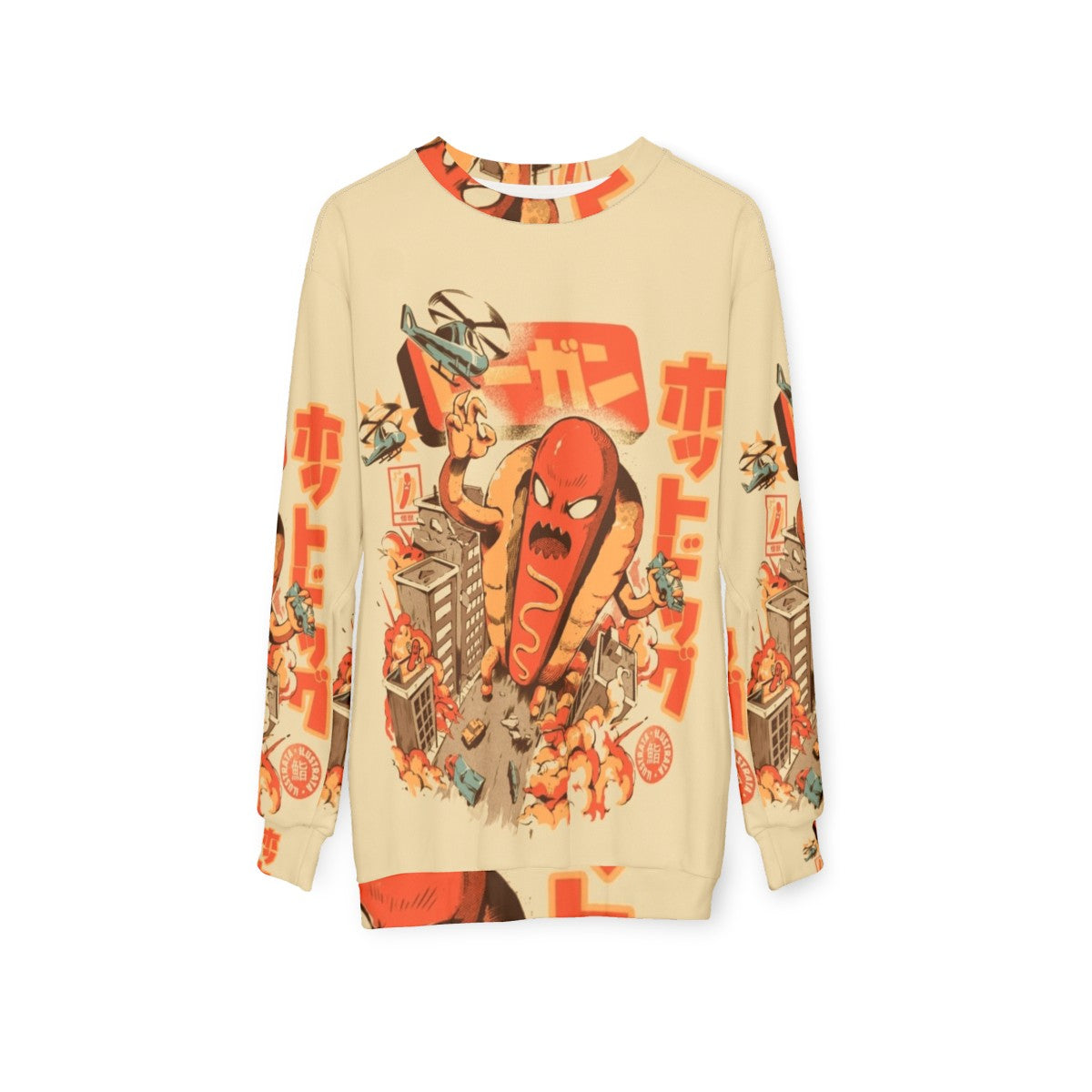 Retro hot dog sweatshirt with Japanese-inspired funny anime monster design - hanging