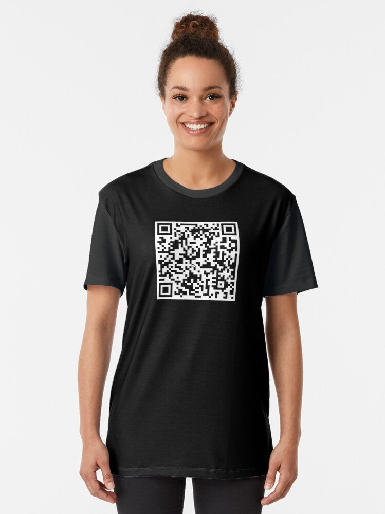 A man wearing a t-shirt with a QR code that leads to the "Never Gonna Give You Up" music video by Rick Astley. - Women