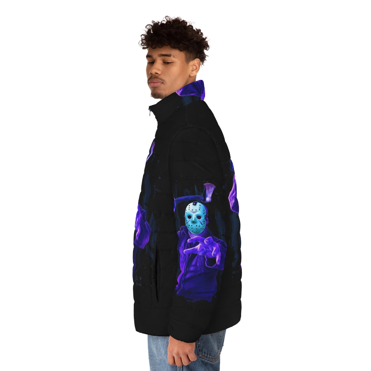 Game Over Puffer Jacket 2 - 8-bit inspired horror-themed puffer jacket with Jason Voorhees design - men side left