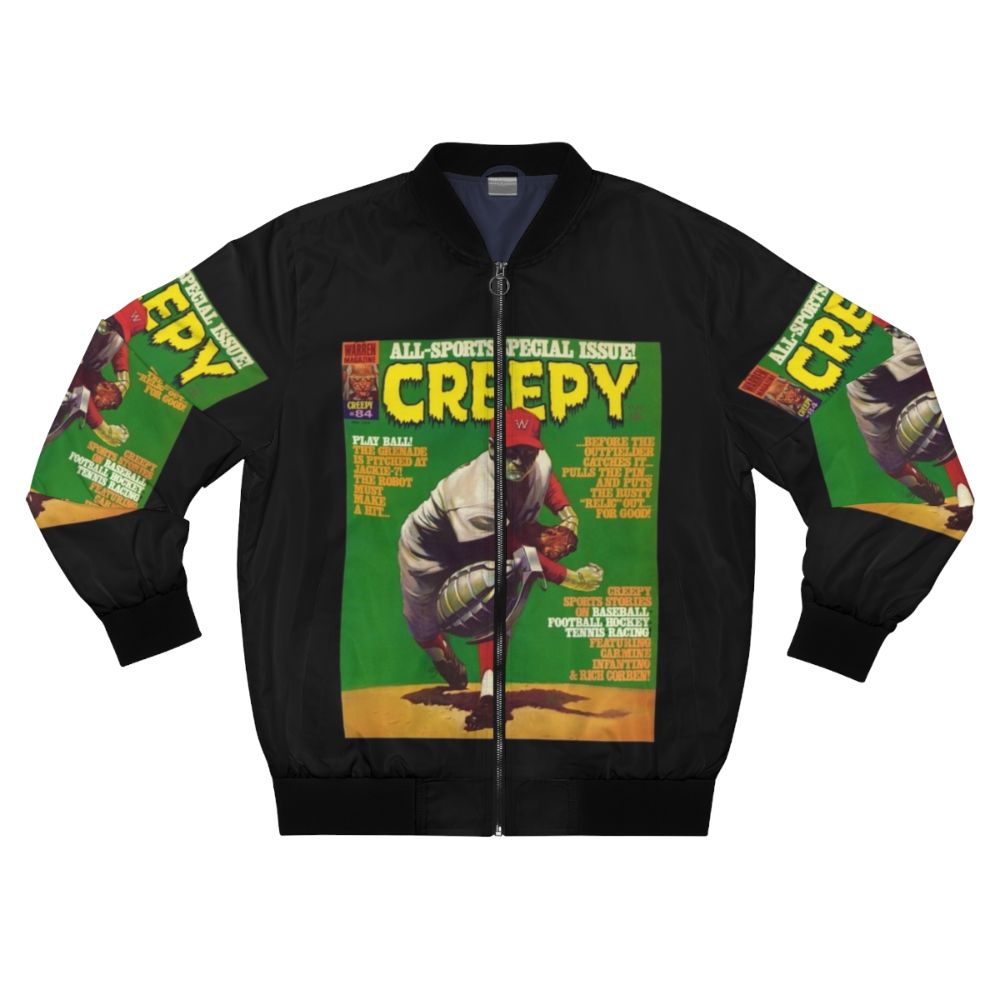 Creepy vintage horror bomber jacket with designs of monsters, vampires, and other scary elements