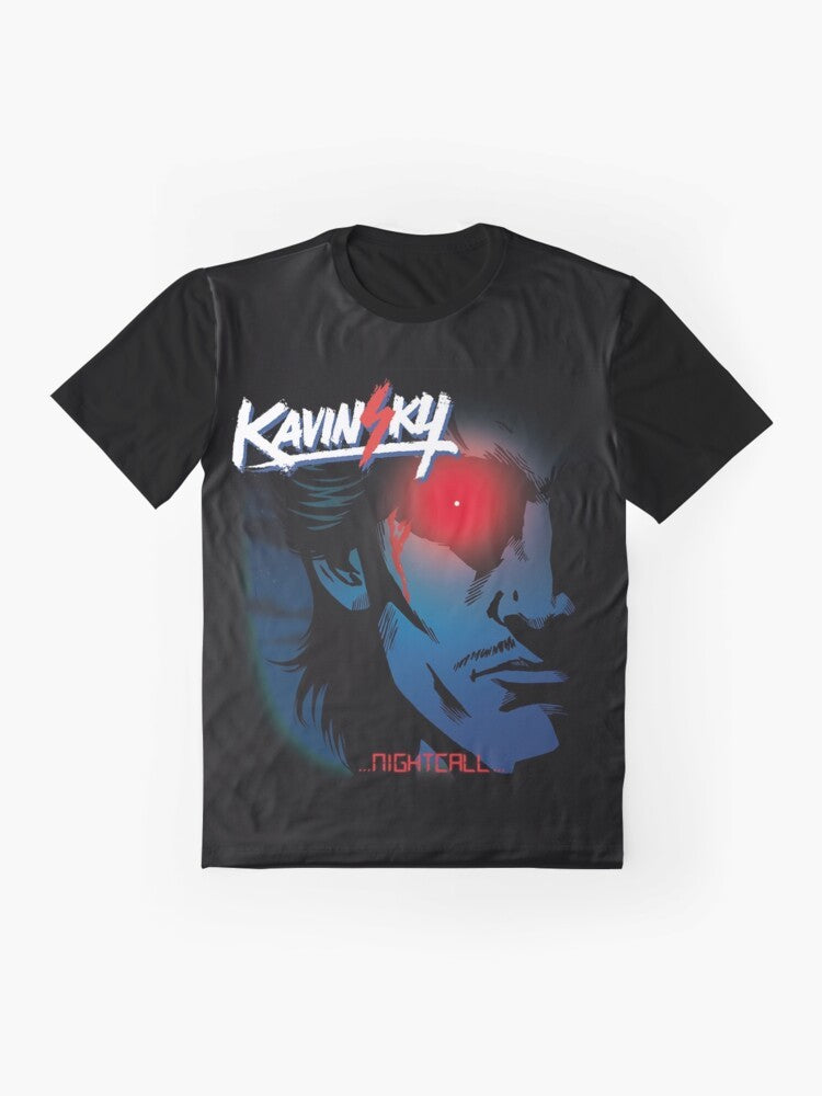 Retro 'Nightcall' graphic t-shirt featuring neon wave design and inspired by the movie 'Drive' with Ryan Gosling - Flat lay