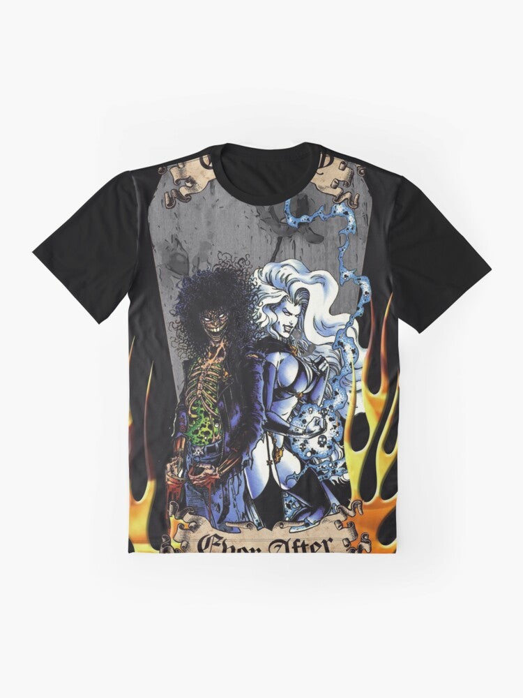 Graphic t-shirt featuring lady death and evil ernie with flames, fire, and a scroll banner - Flat lay