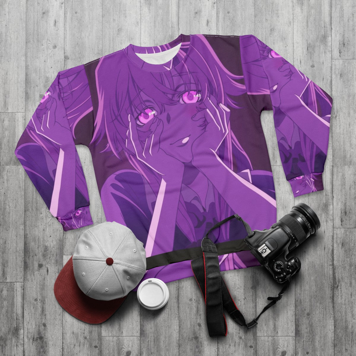 Yuno Gasai Mirai Nikki Anime Sweatshirt - flat lay