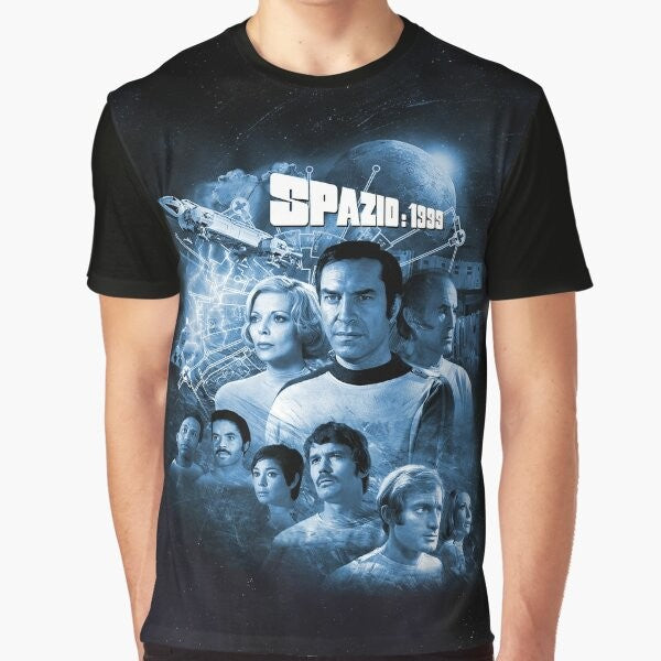 Retro Space 1999 Graphic T-Shirt with Alphan Blue Moon 1 Spazio Logo