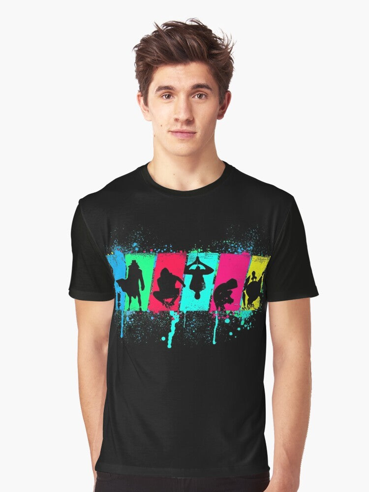 Spider Souls graphic t-shirt featuring a neon silhouette of Spiderman from the Spiderverse - Men