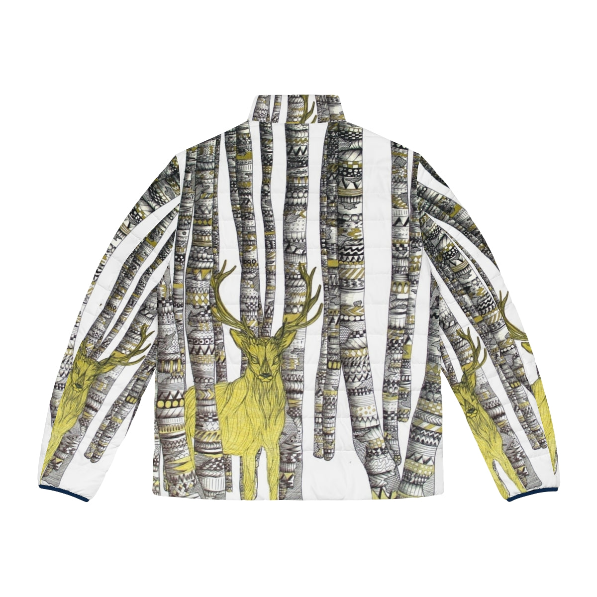 A stylish black and white puffer jacket with a golden stag design, perfect for winter adventures. - Back