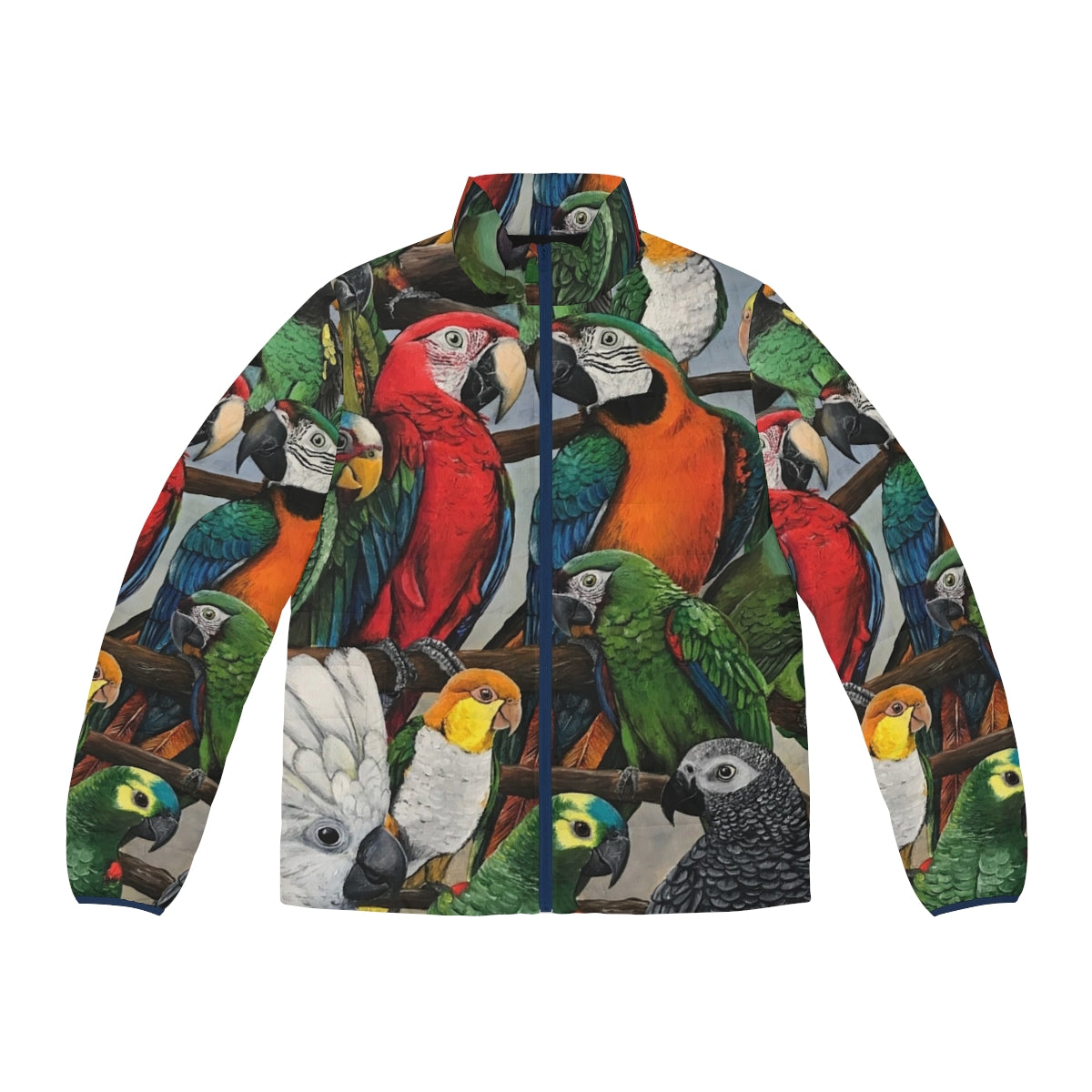 Exotic bird puffer jacket with vibrant bird designs