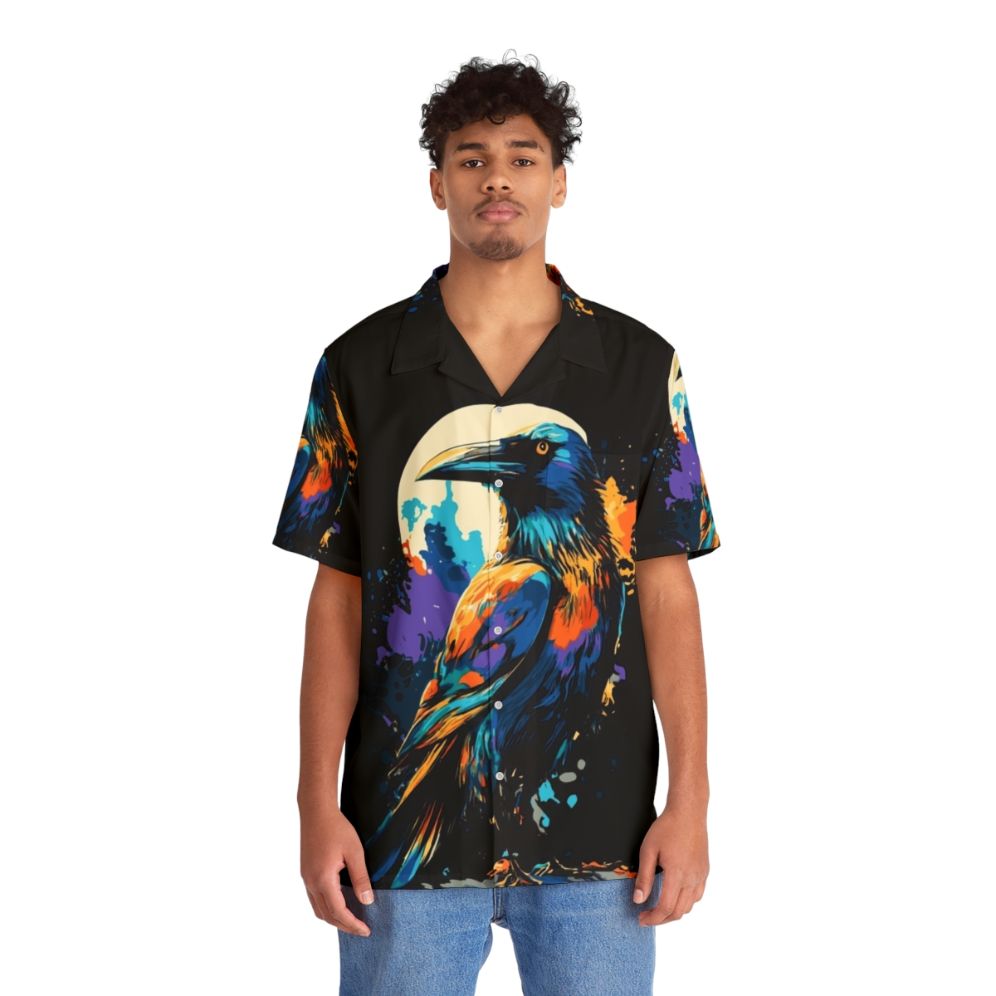 Colorful Hawaiian shirt featuring a design of crows and ravens against a dark background - People Front