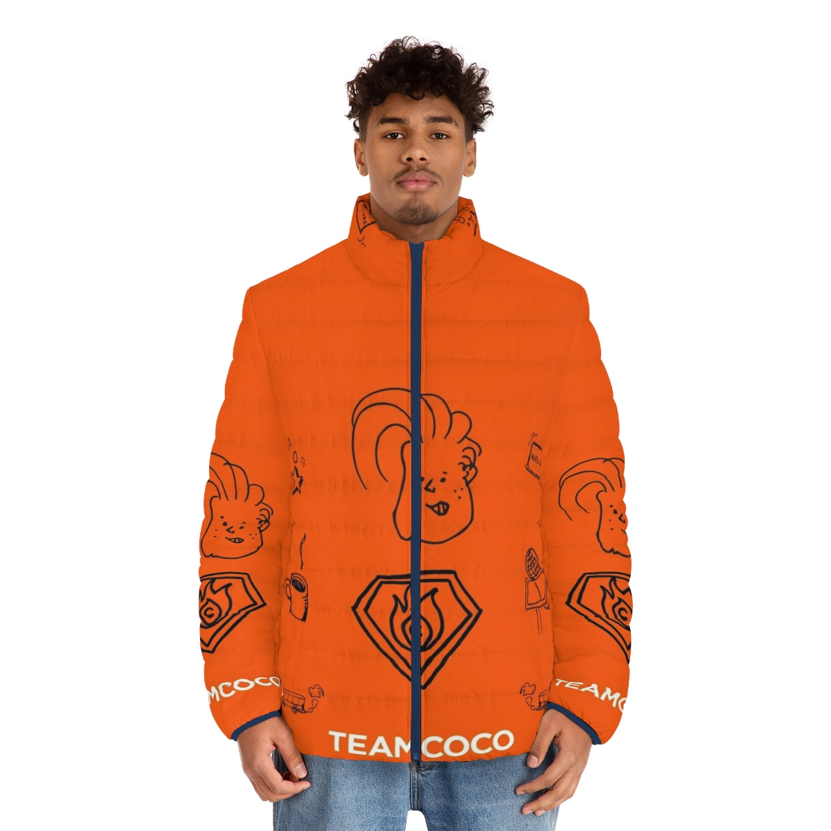 Team Coco Doodle World Puffer Jacket featuring Conan O'Brien's iconic brand - men front