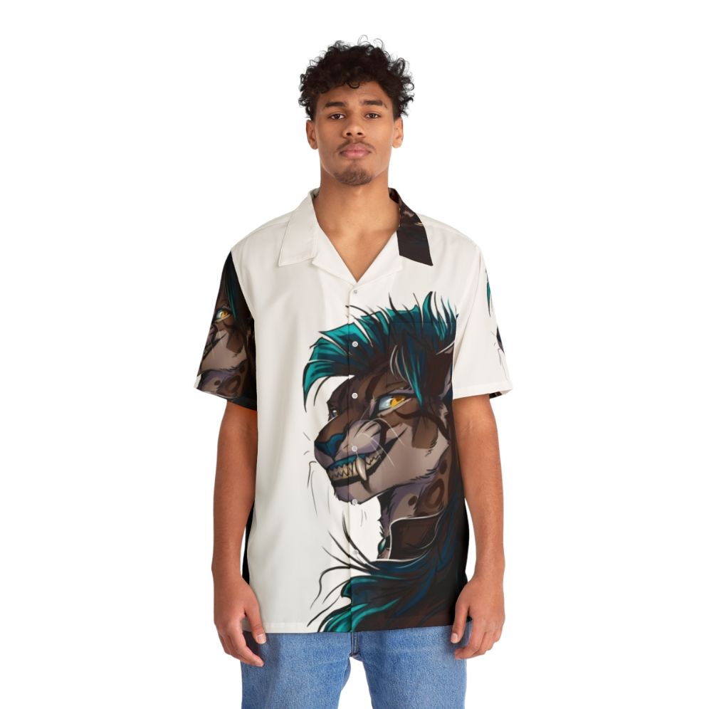 Vibrant Caracal Hawaiian Shirt with Cat Print Design - People Front