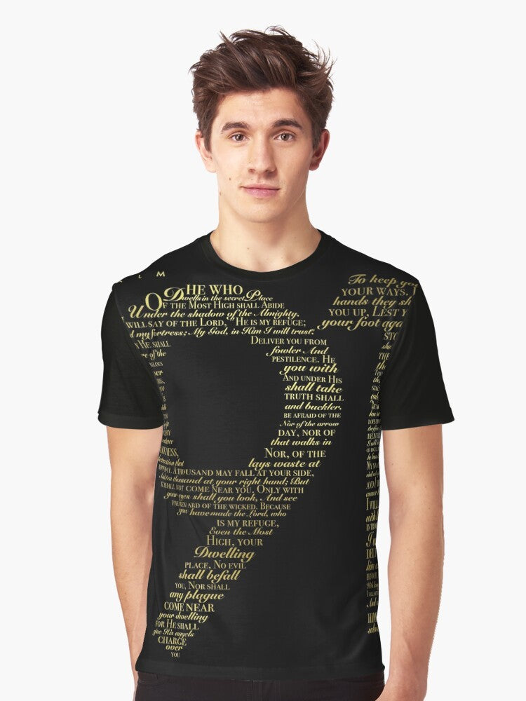 Psalm 91 black and gold graphic t-shirt with bible verse typography - Men