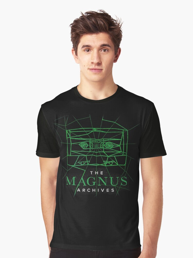 The Magnus Archives logo graphic t-shirt featuring a spiderweblike design with 80s synth elements and a tape cassette, perfect for fans of the horror podcast. - Men