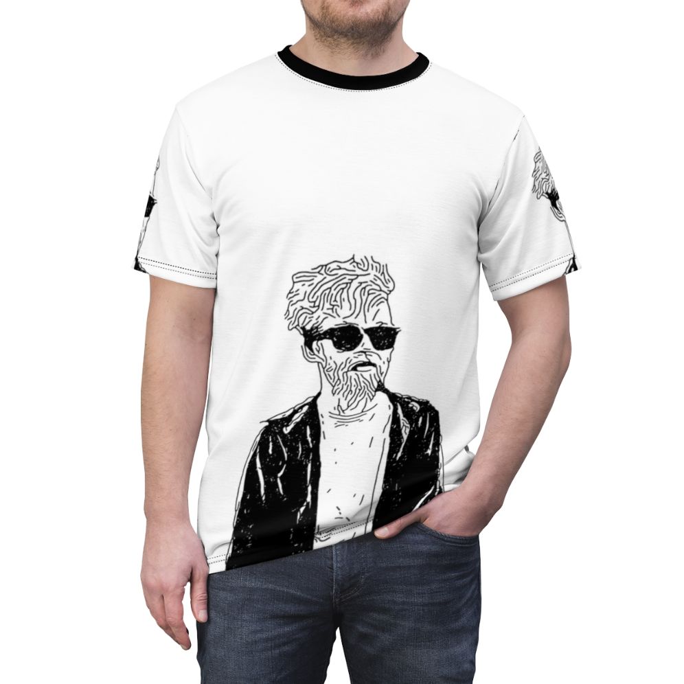 Artistic stencil-style graphic t-shirt design featuring Jack Stauber, a popular YouTube musician and artist. - men front