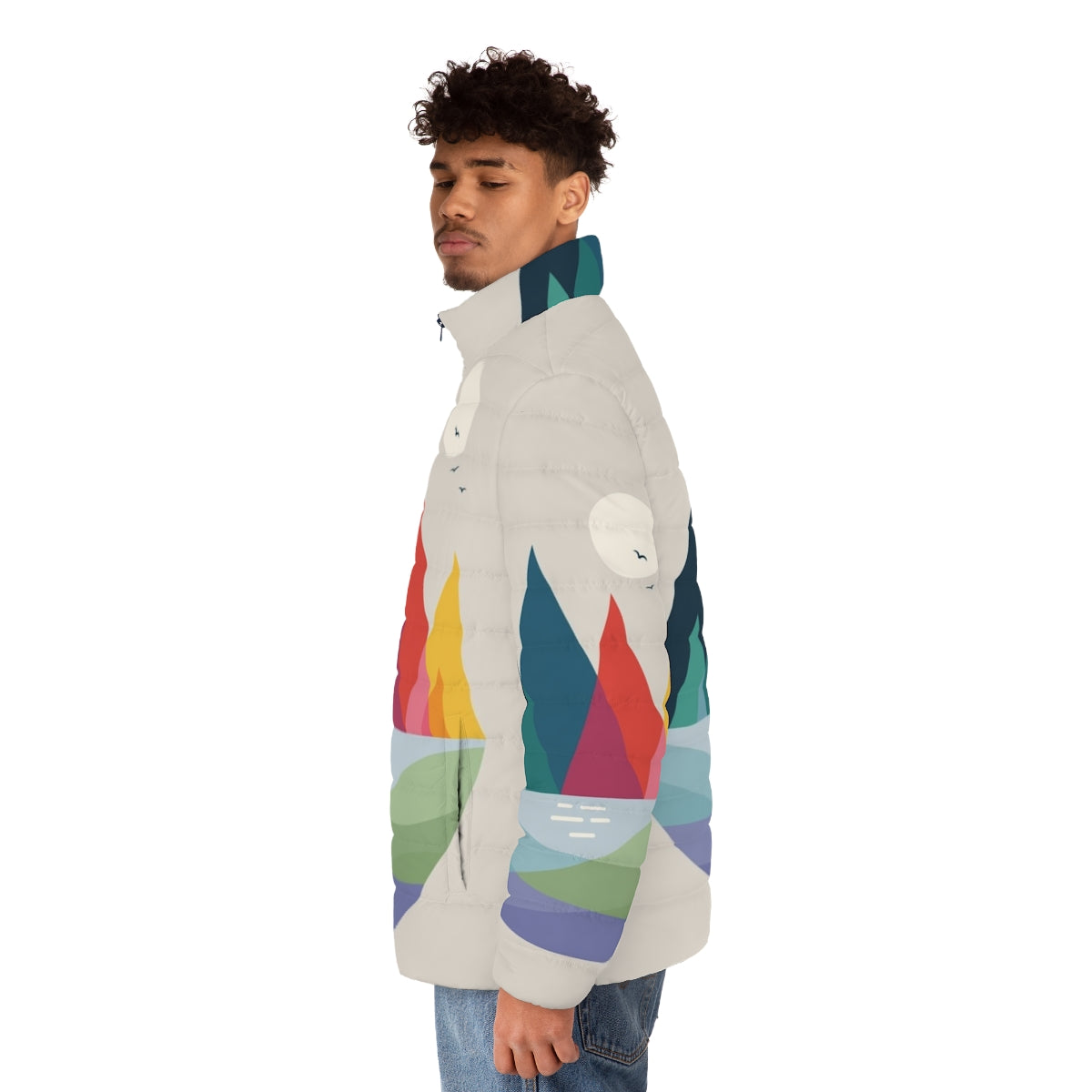 Colorful puffer jacket with geometric design and dream-like landscape - men side left