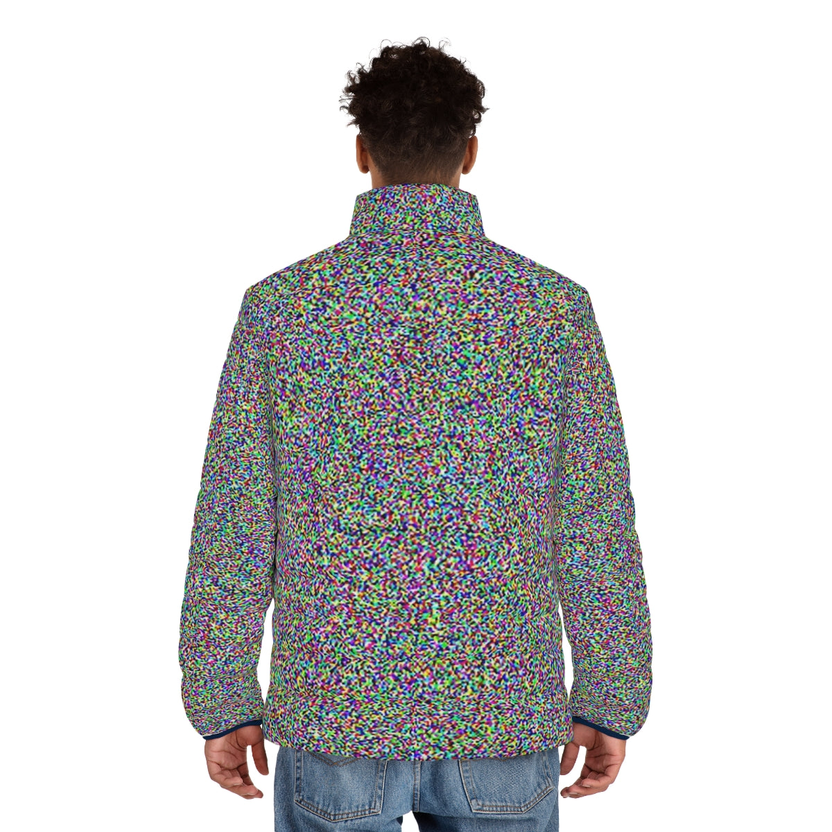 Retro white noise puffer jacket with static and glitch effects - men back