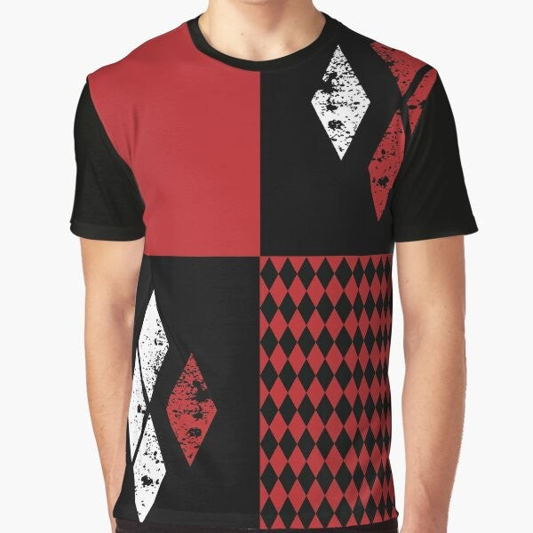 Harley Quinn inspired graphic t-shirt with diamonds design in red, white, and black colors