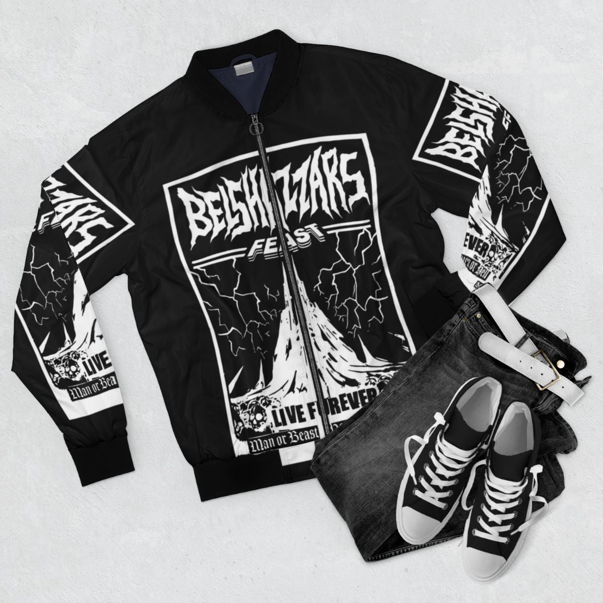 Belshazzar's Feast Heavy Metal Bomber Jacket with Apocalyptic and Biblical Imagery - Flat lay