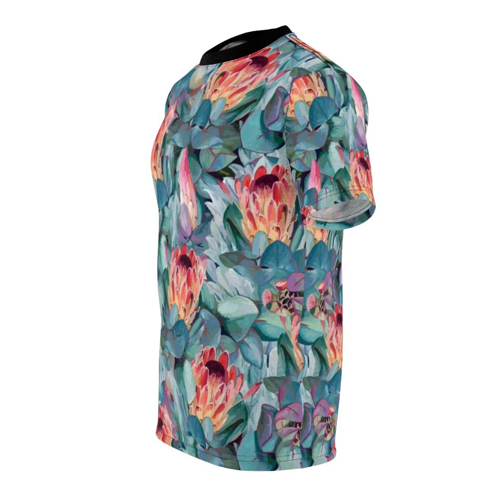 Protea flower t-shirt with vibrant watercolor-style floral print - men left