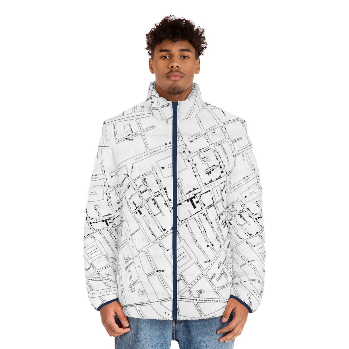 Puffer jacket featuring John Snow's famous Broad Street cholera map - men front