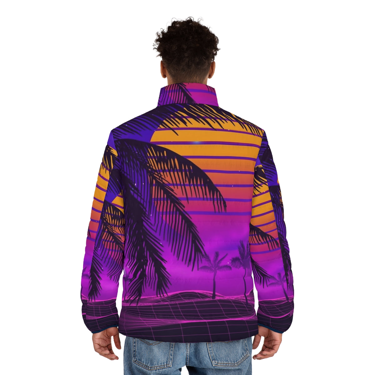 Retro 80s synthwave puffer jacket with neon sunset aesthetic - men back