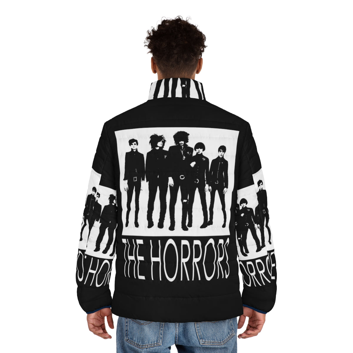 A black puffer jacket featuring the logo and branding of the horror punk band The Horrors - men back