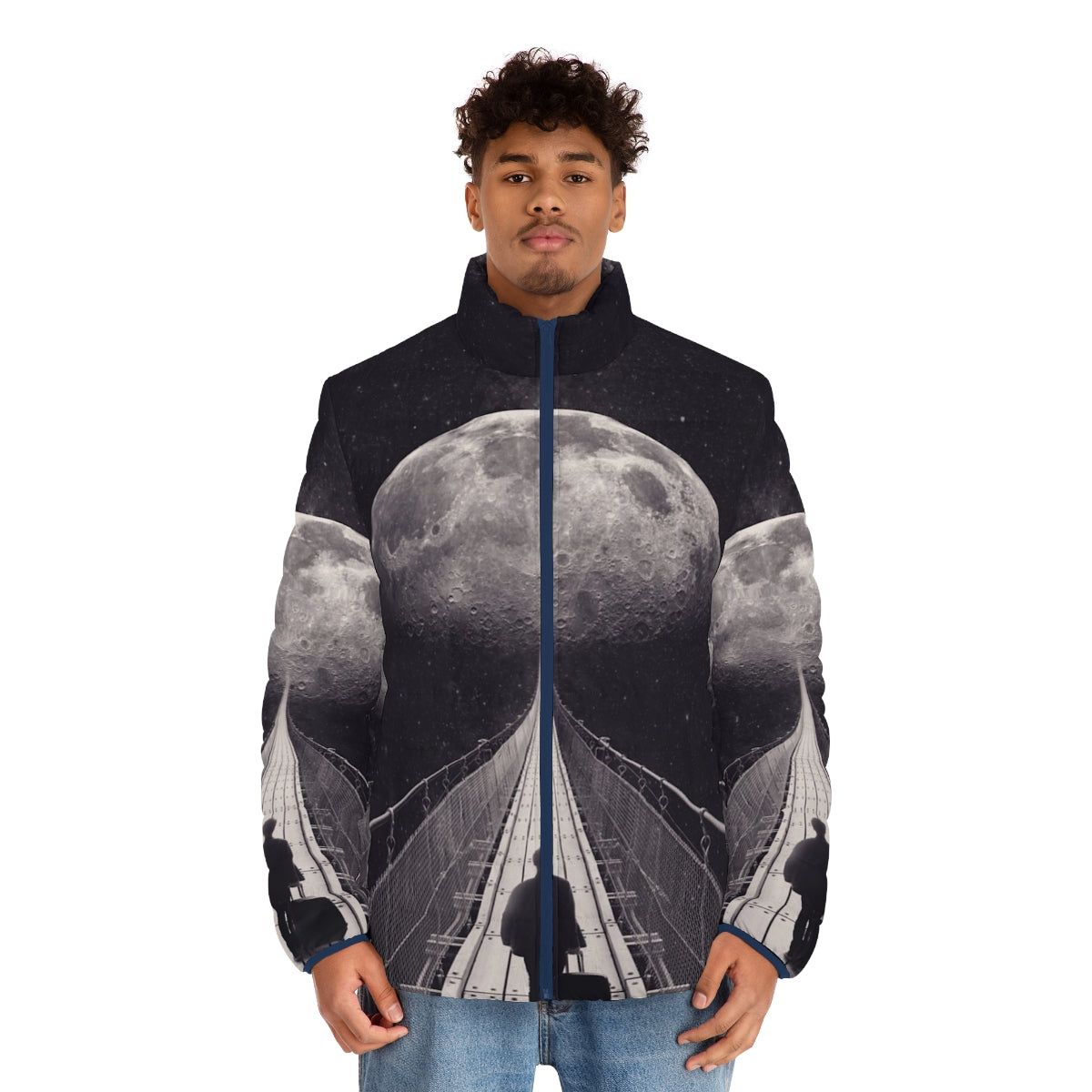 Stylish puffer jacket with moon and star design, perfect for space travel - men front