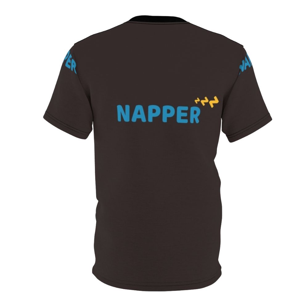 A comfortable all-over print t-shirt featuring the text "Naps Fix Everything Hobbies Include Napping" - Back