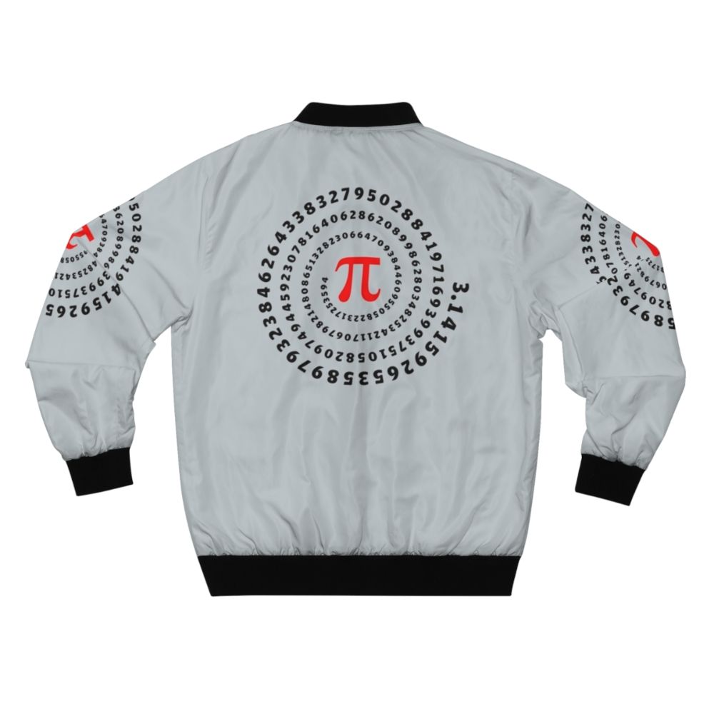 Bomber jacket featuring a print of the mathematical symbol pi (π) and a spiral design, representing science and mathematics. - Back