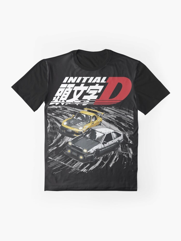 Graphic t-shirt featuring Initial D anime characters and cars including the Toyota AE86 and Mazda FD RX-7 in a drift racing scene. - Flat lay