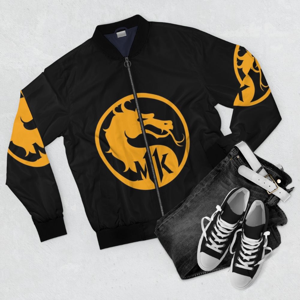 Minimalist Mortal Kombat 11 bomber jacket with a sleek, gaming-inspired design - Flat lay