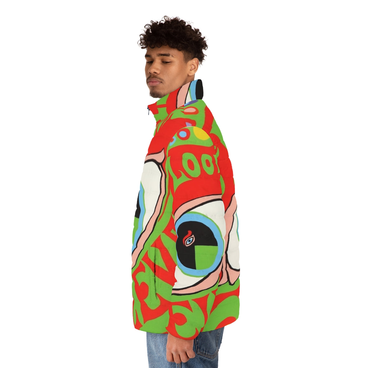 Puffer jacket featuring the iconic 13th Floor Elevators psychedelic rock album art - men side left