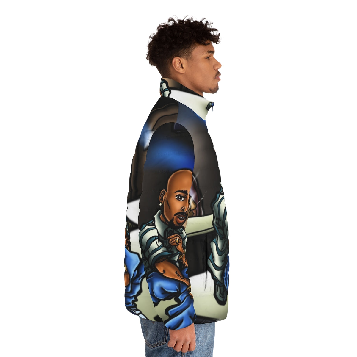 Puffer jacket with anime-inspired airbrush art design - men side right