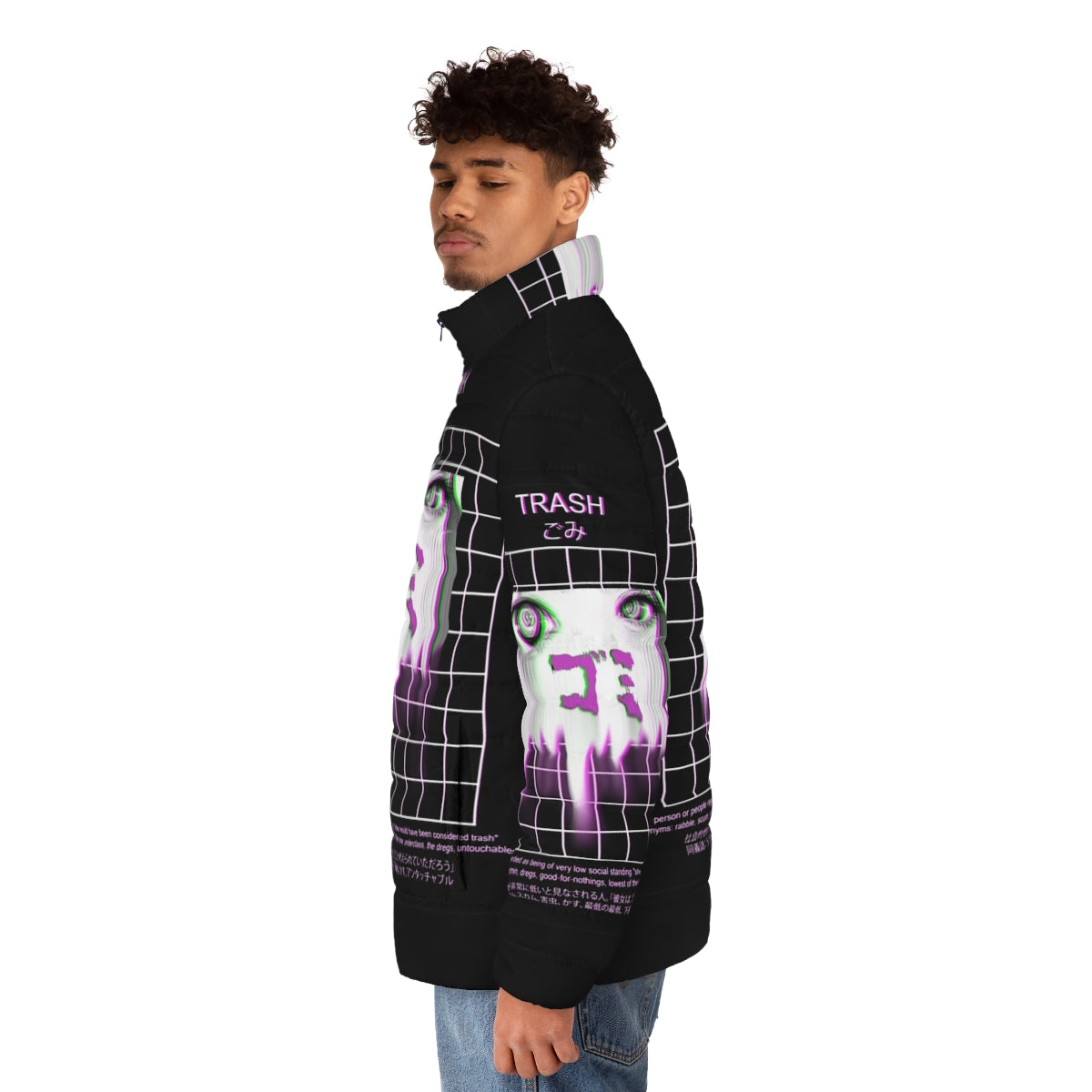 Puffer jacket with Japanese anime aesthetic, grunge and kawaii design - men side left