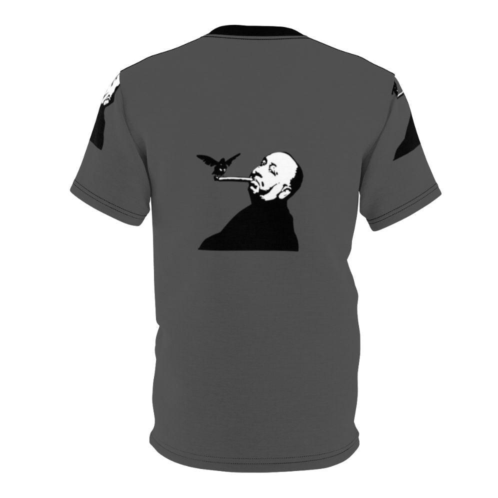 Artistic illustration of birds and a cigar, inspired by the work of Alfred Hitchcock, featured on an AOP t-shirt. - Back