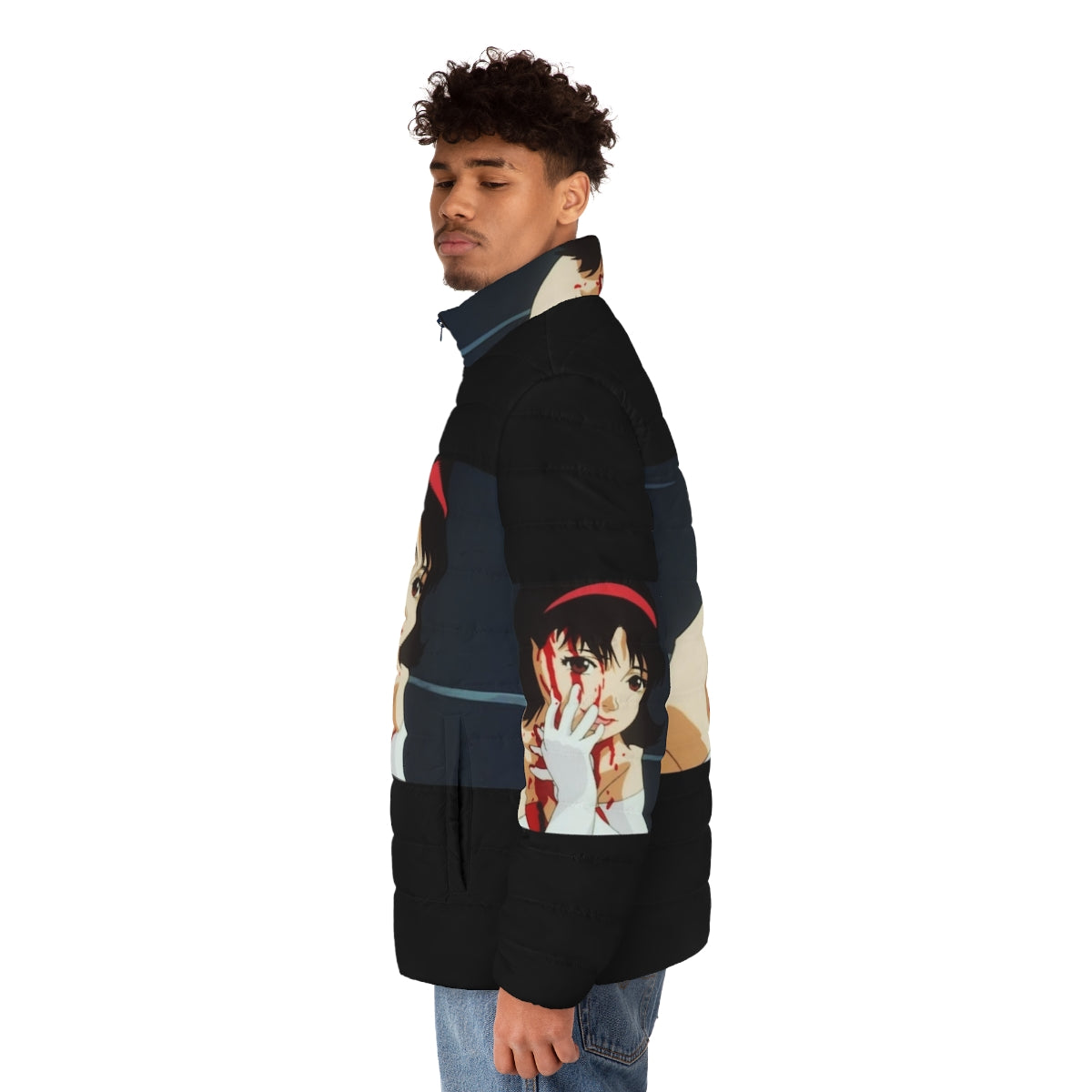 Blue puffer jacket with anime and video game inspired design - men side left