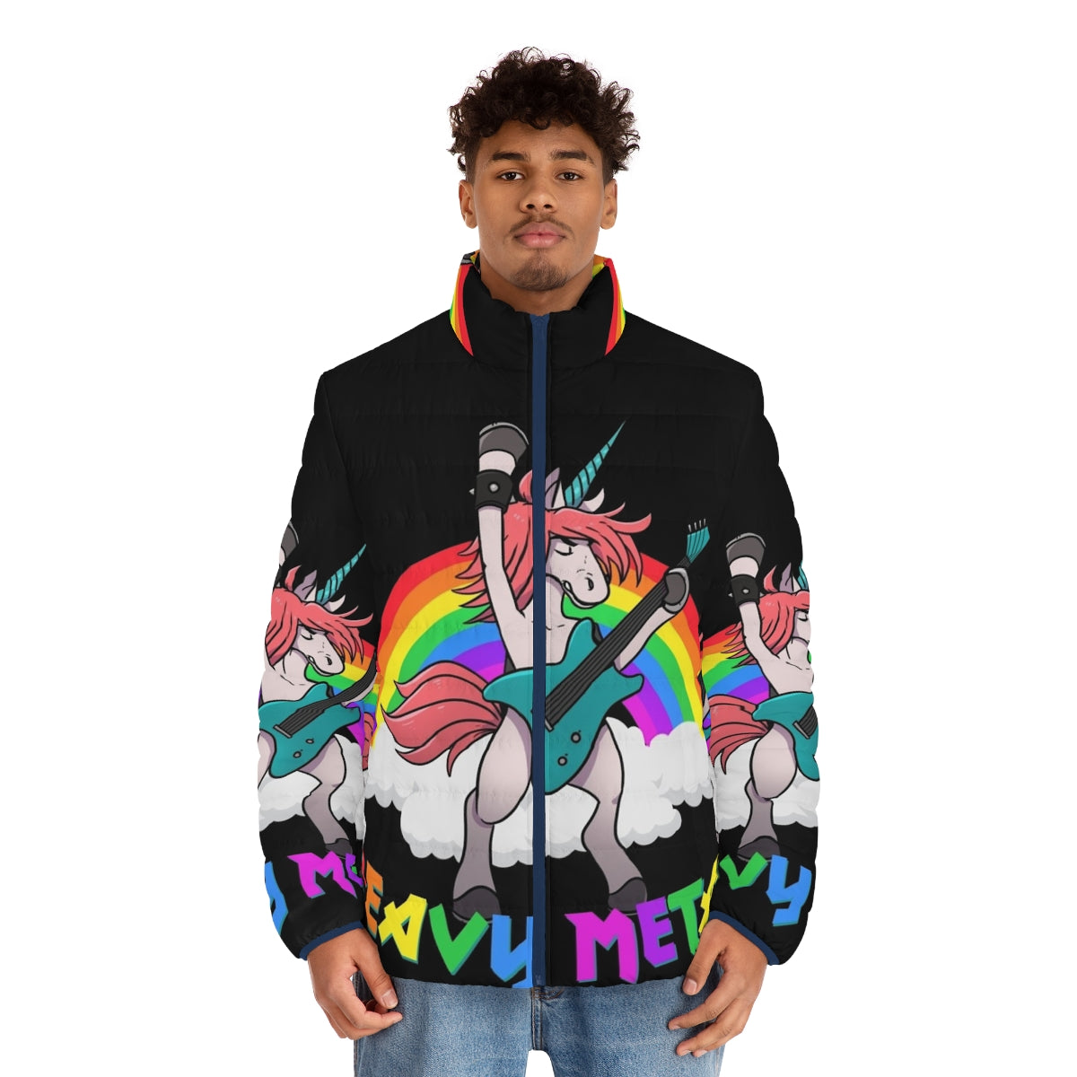 Heavy metal unicorn puffer jacket with guitar design - men front