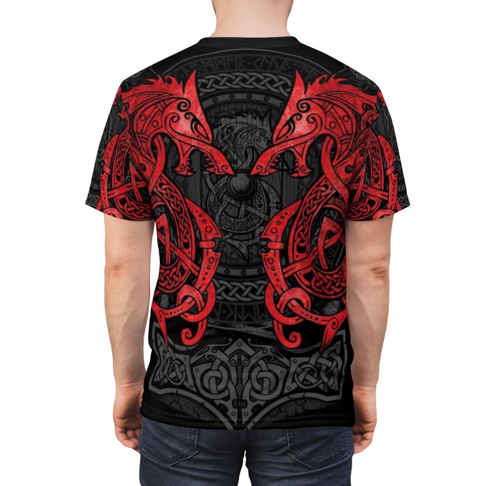 T-shirt featuring a Norse mythology-inspired design with the wolf Fenrir, Celtic knots, and runes - men back