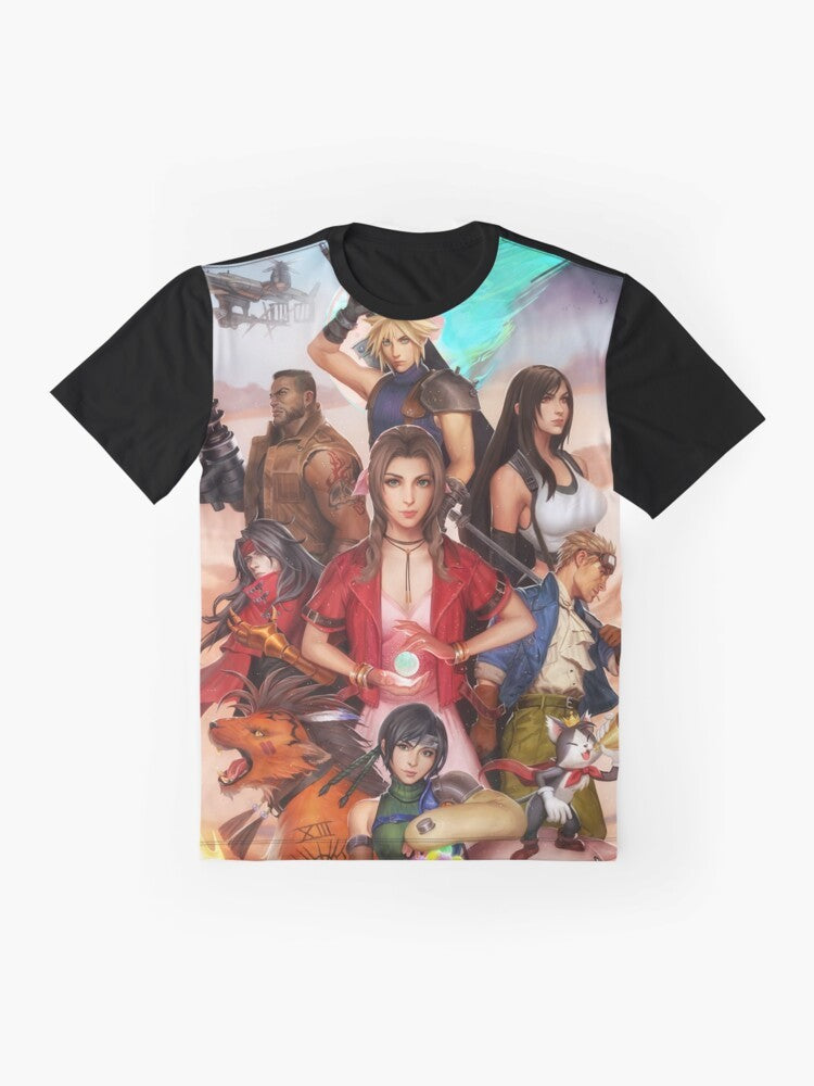 Final Fantasy 7 FF7 Cast Art Graphic T-Shirt featuring characters Cloud, Tifa, Aerith, Barret, and Sephiroth - Flat lay