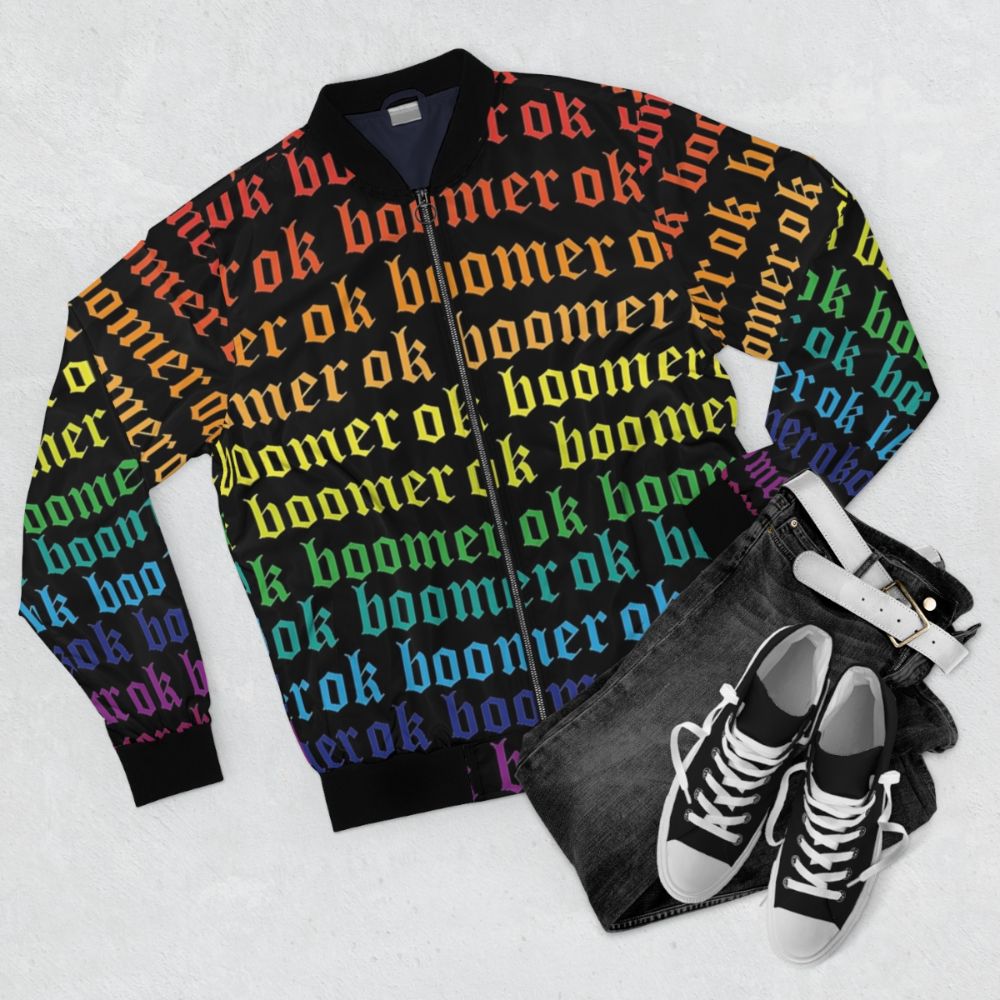 Rainbow "OK Boomer" Bomber Jacket featuring a bold graphic design - Flat lay