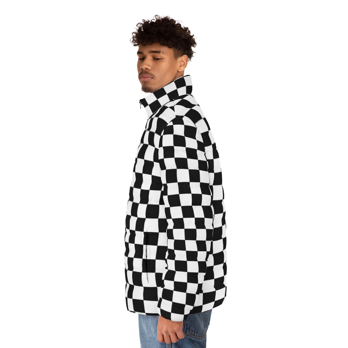 Black checkerboard puffer jacket with a modern, geometric pattern - men side left