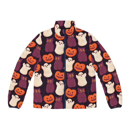 Dark puffer jacket with spooky cute Halloween marshmallow print