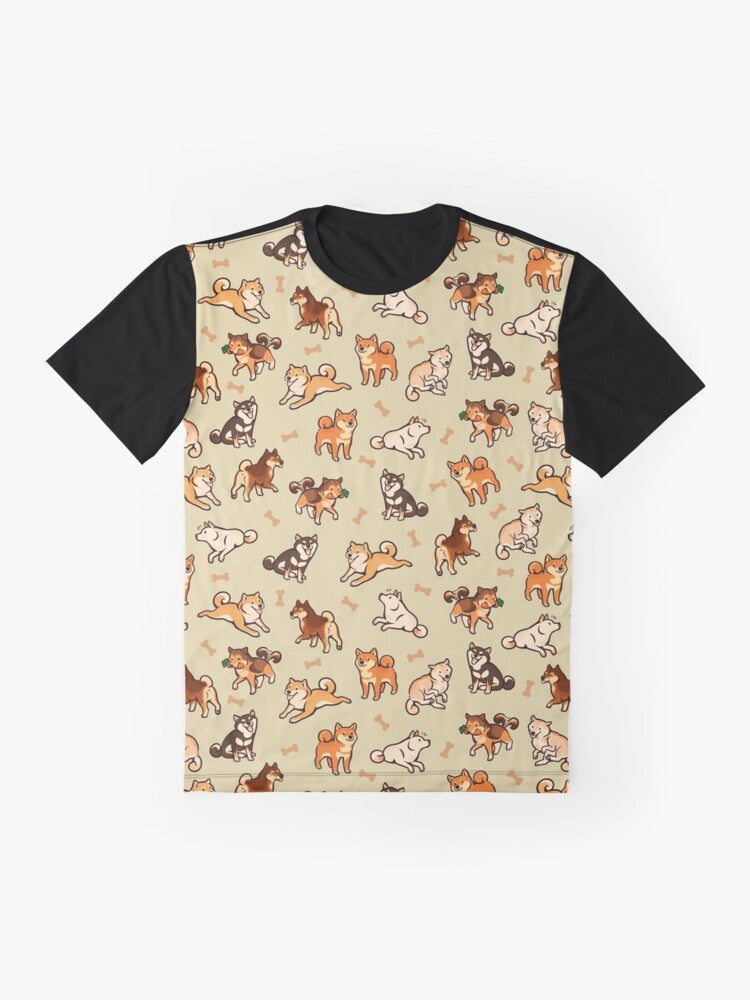 Graphic t-shirt featuring a pattern of cute shiba inu dogs in a cream background - Flat lay