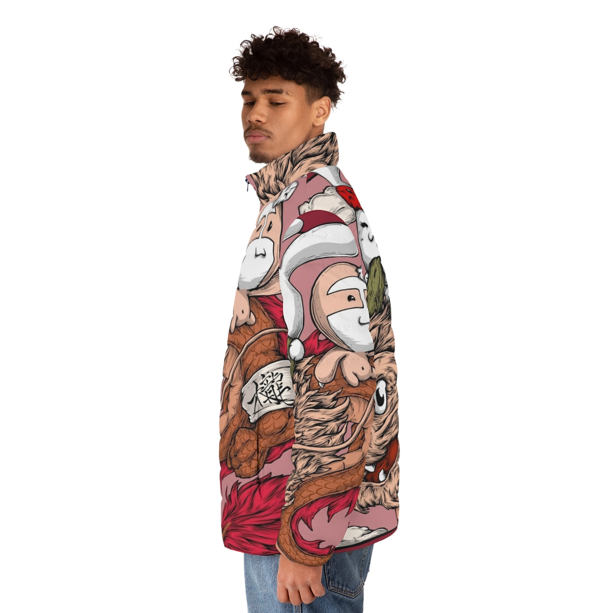 A colorful puffer jacket with a dragon, sloth, and bunny print design - men side left