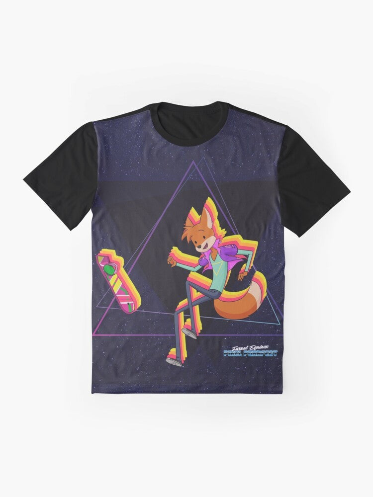 Graphic t-shirt design featuring Marty the fox falling through the air - Flat lay