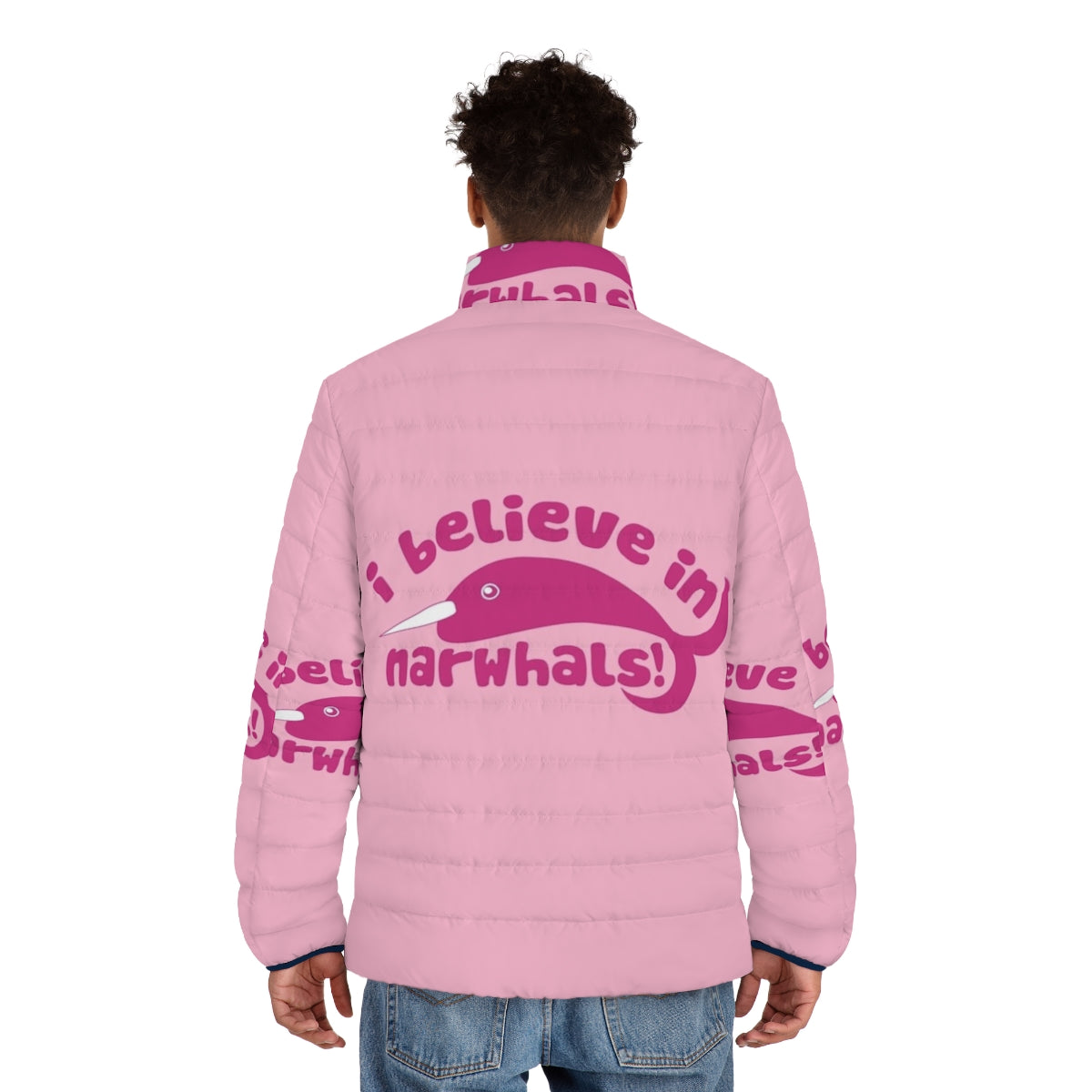 Narwhal puffer jacket with 'I Believe in Narwhals' text - men back