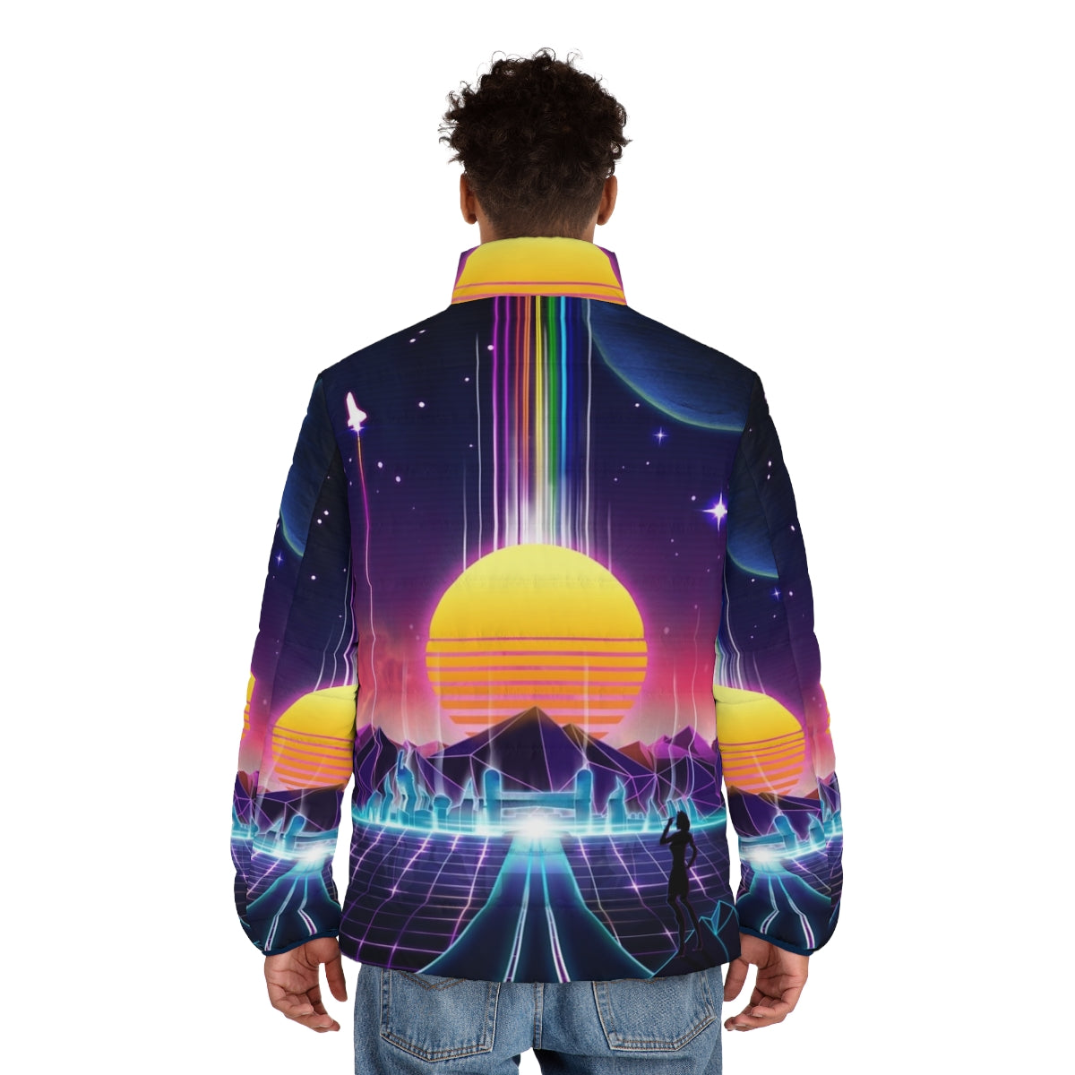 Neon Sunrise Retro Futuristic Puffer Jacket with video game and space exploration inspired design - men back