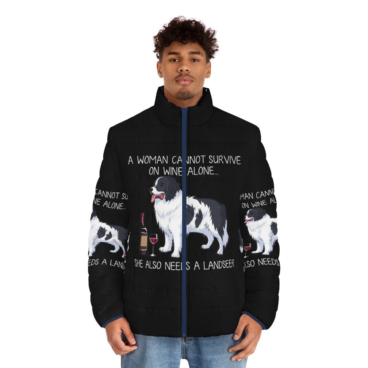 Landseer dog wearing a puffer jacket with a funny dog and wine graphic - men front