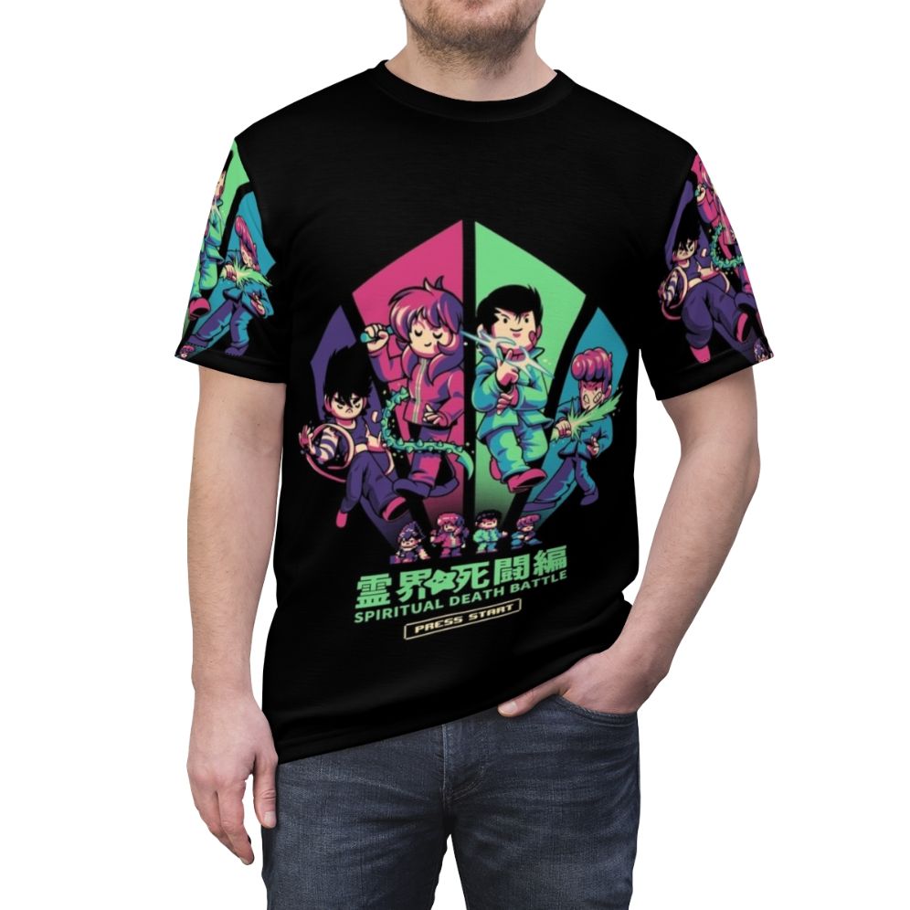 Spiritual Battle Inspired T-shirt with Nostalgic Anime Pixel Art Design - men front